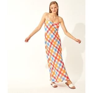 Solid & Striped NWT Size Large Linen Gingham Plaid Column Multicolor Maxi Dress